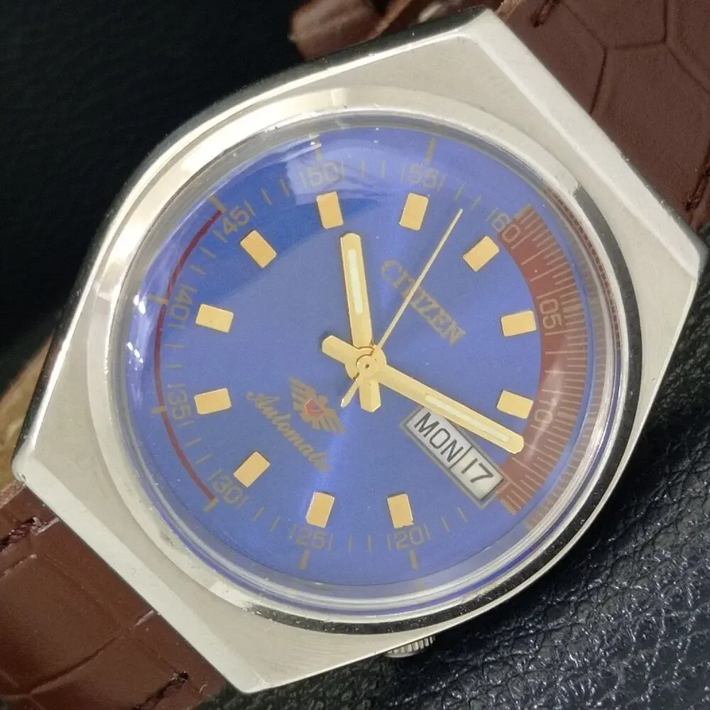 Vintage 1978 Citizen Automatic Mens Silver Watch W/daydate & Blue accents